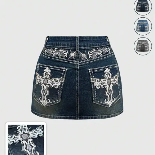 Women's Y2K Vintage Mini Denim Skirt With Pocket,Stretch Skirt,Stretchy,Cross & Wing Embroidery,Comfortable and Stylish  Wear, Chic, Stretchy Denim Skirts