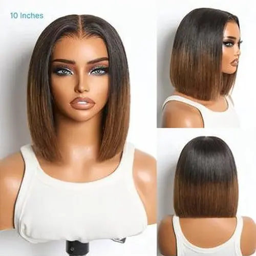 Ashimary 【10/10 Hair】Human Hair Lace Front Wig, Razor-Sharp Double Drawn Glueless Wig, 2x6 Lace Luxury Sleek Bob, Natural Black/Black Brown Ombre, Human Hair Wigs