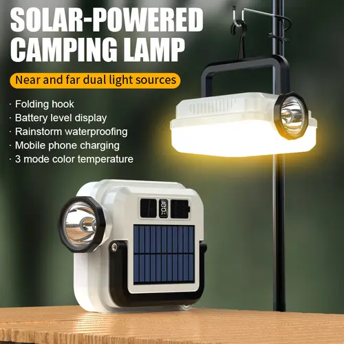 DEBARK Portable Solar Rechargeable Camping Lantern with Phone Charging - 8 Light Modes, Dimmable, Compact Outdoor Gadgets, Job Site Lighting for Power Outages, Hiking