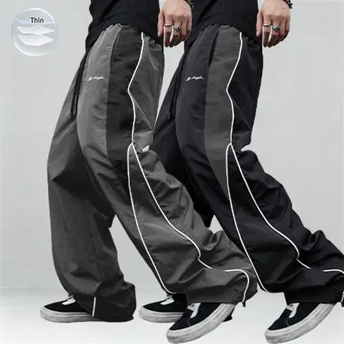 Men's Embroidered Edge Color-Block Track Pants - Loose Fit Straight Leg Polyester Activewear with Side Stripes, Drawstring, Sportswear for Casual Gym, Street Gym Style