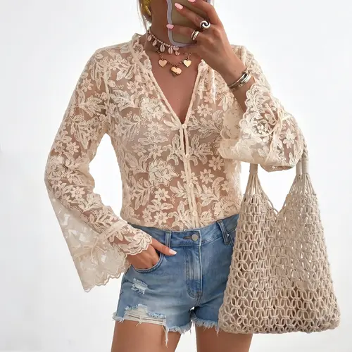Chicovar Women's  Floral Lace Sheer Blouse, Long Sleeve Button Front Mesh Top with Drawstring Cuffs, Lightweight Romantic Overlay Shirt,Perfect for Date Night, Party, Casual, or Vacation, Summervibes