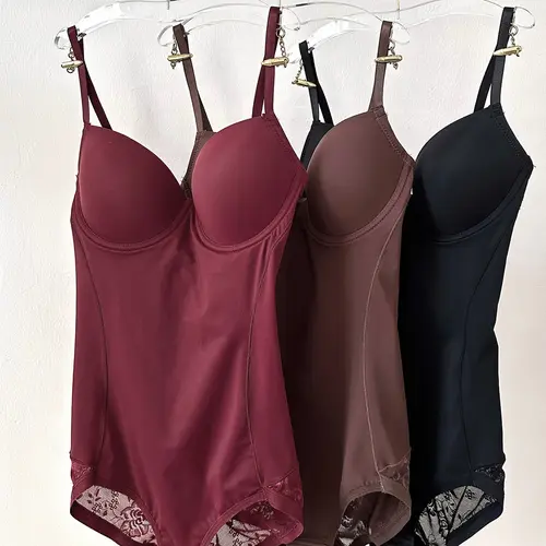 Women's Deep V Spaghetti Strap Ruched Patchwork Design Fitted Casual Bodysuit Set XS-Xxl, Casual All Season Wearable Underwear & Outer Layer, Sheer Contrast Lace