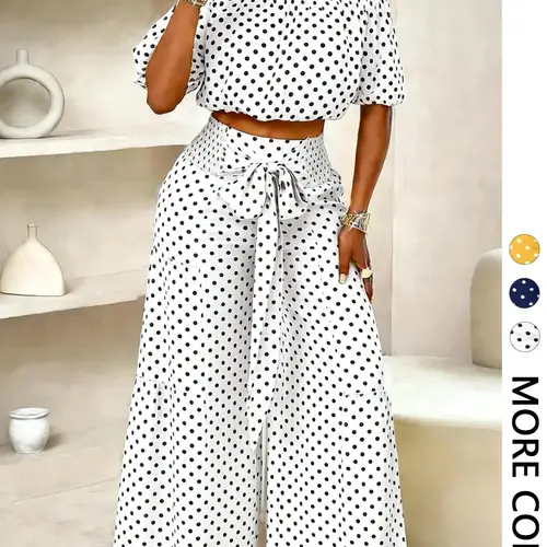Women's Summer Polka Dot Two-Piece Set, Casual Chic Off-Shoulder Short Top & High-Waisted Wide-Leg Pants for Vacation, Fitted Clothing Set, Summer Outfits Set