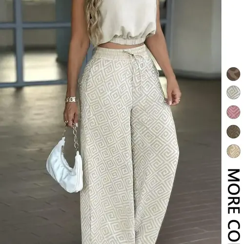 2-Piece Women's Casual Commuter Set, Sleeveless Collared Waist-Defined Top with High-Waisted Drawstring Wide-Leg Pants