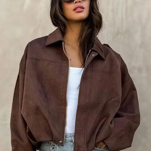 Women's Cropped Faux Suede Bomber-Style Jacket, Oversized Long-Sleeve 