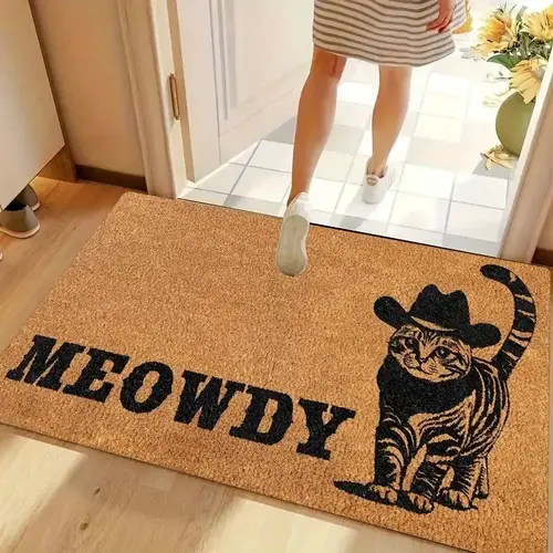 Summerwins Funny Cat Theme Doormat - Cartoon Pattern Rug, Cowboy Cat & MEOWDY Animals Design, Durable PVC Base, Wrinkle Resistant, Fade Resistant, Washable, Front Door & Home Decor, Indoor-Outdoor Use