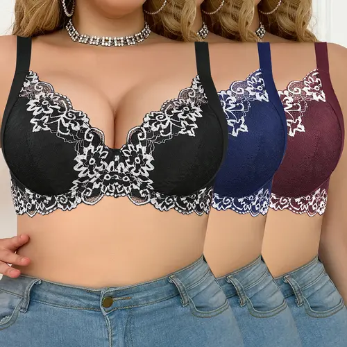 【BackToSchool】Women's Mimilemon 2/3PCS Plus Size Polyamide Push-Up Busty Style Lace Bra, 38C-42DDD Fit, Wide Shoulder Straps, Underwire/Bandeau, Breathable Ultra-Comfortable, Valentine's Day/Mother's Day Gift