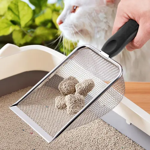 1PC Stainless Steel Cat Litter Scoop - 3.8mm Sturdy Mesh Sifter with Long Handle, Odor-Free Quick Clean Tool for Litterbox, All Litter Types, Rabbit & Reptile Use, Mid-Year Sale, Restock