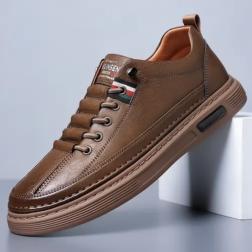 2026 Spring New Men's Leather-Top Casual Trainers - Slip-On, Lightweight, Comfy, Breathable Chunky Sneakers, Platform Low Top Footwear for Walking, Elegant Skate Shoes