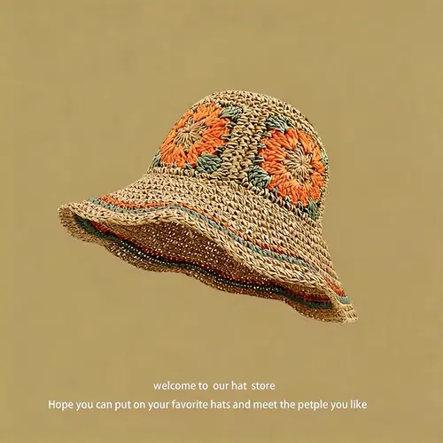Jacquard Ethnic-Style Hand-Woven Straw Hat Foldable Fashionable Sunshade Versatile Fisherman Hat with Colorful Floral Design