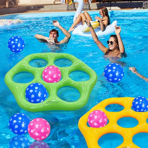 Hexagonal Shape Inflatable Beach Pool Toy Throwing Game Play Set with Scoring Circles, Includes One Hexagon + 7 Colorful Balls, Water Toys for Pool, Beach, Outdoor Games & Parties, Fun Interaction, Water Activities, Summer Fun, Fun Water Playset
