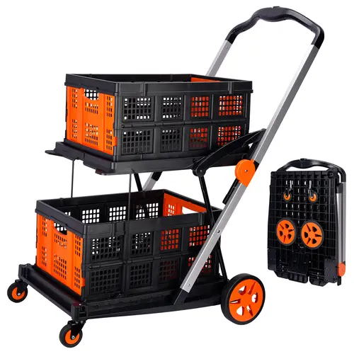FWTI DEAL Collapsible Foldable Wagon, 200-Pound Capacity Wheeled Grocery Cart with 2 Storage Crates, 2 Tie-Down Straps, Foot Brake - Bright Orange Platform Hand Truck