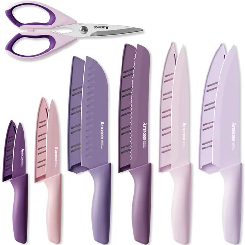 Astercook 7-Piece Purple Kitchen Knife Set with Antirust Coat - 7-Knife Variety, Anti-Rust Coated Stainless Steel, Dishwasher Safe, Stylish Kitchenware, Valentine’s Day Perfect Gift