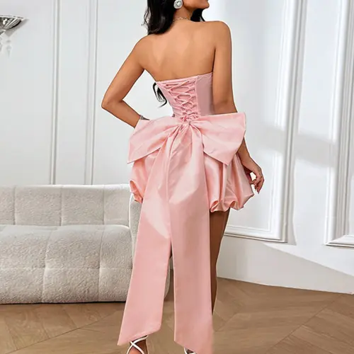 Women's Summer Sweet Aesthetic Chic Elegant Formal Large Bow Flower Bud Halter Dress, Perfect for Dates, Parties, Gatherings, All Seasons Fitted Style, Formal Wear
