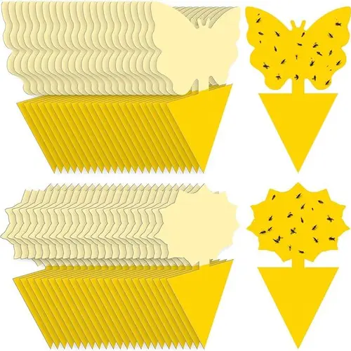 50PCS/100PCS double-sided yellow sticky traps catch fruit flies, mosquitoes and flying plant pests. Non-toxic and odorless, they are great for indoor potted plants and outdoor gardens to guard your green plants against flying insects