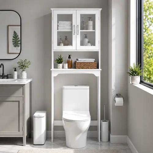 Costoffs Modern Over-The-Toilet Storage Cabinet, Space-Saving Indoor Bathroom Cupboard with Adjustable Shelf, Tempered Glass Doors, Open Shelf, White Unit for Bathroom Organizers,dorm essentials,home decor