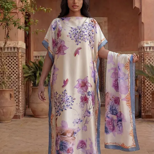 Women's Floral Print Robe Set, Casual Fashion Boho Elegance Style Long Dress & Headscarf, Beach Outdoor Summer Sun Protection Smooth Satin Shawl, Casual Wear, Bohemian Style