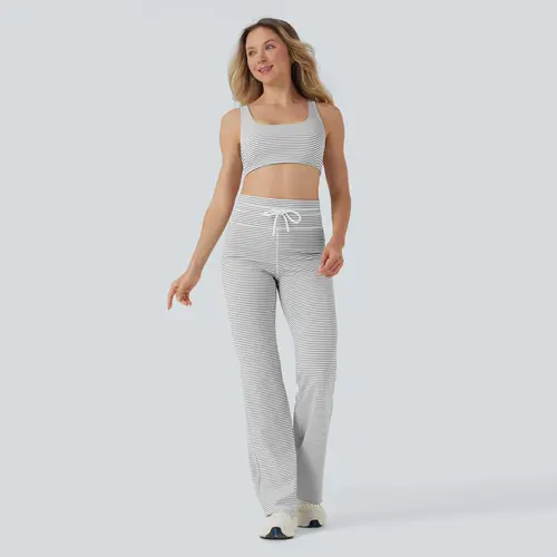 Halara 2-Piece Low Support U Neck Cut Out Stripe Yoga Sports Bra & High Waisted Drawstring Striped Yoga Pants with Pockets Set #BackToSchool