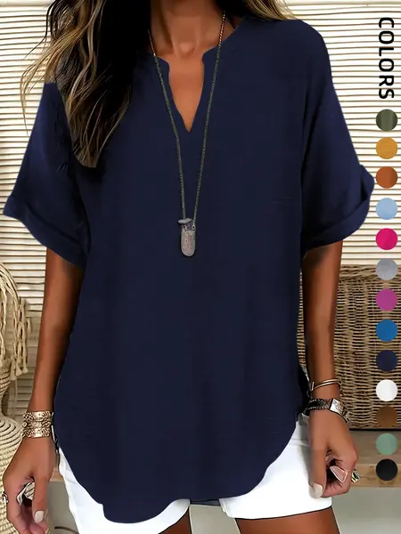Women's Simple Basic Vintage Solid V-Neck Short Sleeve Batwing Shirt Blouses, Casual Loose-Fitting Lightweight Pullover, 100% Polyester, All Seasons Fashion Top Minimalist