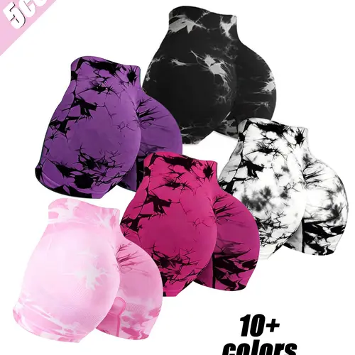 Women's High Waist Support Tie Dye Yoga Shorts, Elastic High Waist Butt Lifting Sport Pants, Seamless Slim Fit for Yoga and Running, Versatile Usage, Seamless Sports Shorts, Yoga Workout Shorts, Workout Shorts Pack