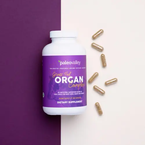 Paleovalley Grass Fed Organ Complex Capsules - 100% Grass Fed Pasture-Raised Cattle, B12 Boost, B12 from Beef Liver, Liver+Heart+Kidney Superfood Blend, Preserved Enzymes, All Natural, Optimal Health Support - 180 Count