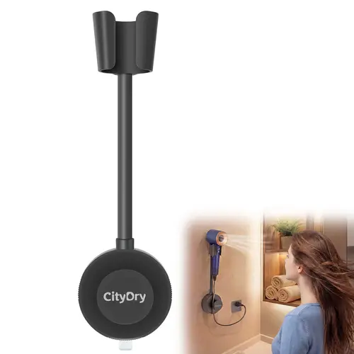 Hands-Free Hair Dryer Holder, Wall-Mounted Bathroom Gadget with 360° Rotation Hose, Positionable Arm, Strong Adhesive Base for Mirror, Ceramic Tile Storage Rack