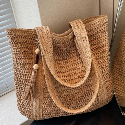 New Large Capacity Fringe Accessory Straw Beach Bag, Perfect for Vacation Travel Shopping Outdoor Use, Stylish and Versatile