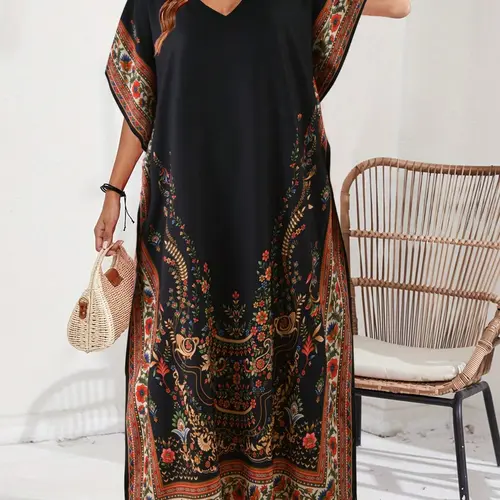Women's Middle East Robe, Casual Wear Bohemian Boho Flowy Dress V-Neck Floral Print Loose Long Split Slit Summer Vacation Cover-Up Dress, Boho Flowy Attire, Womenswear, Comfortable and Stylish