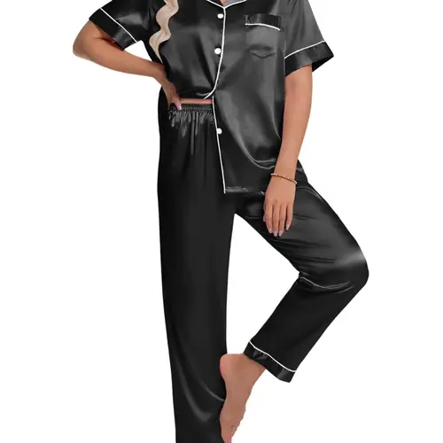 DAKIMOE Women's Silk Satin 2-Piece Short Sleeve Button Down Pajama Set with Long Elastic Bottom Pants, Spandex-Blend Soft Loungewear for Mom - Birthday/Party Costume Gift for Daughter