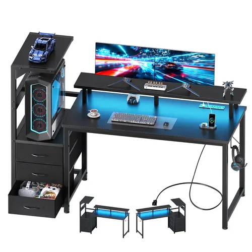 Ergonomic Reversible L-Shaped Gaming Desk - Sturdy Computer Desk with Shelves, Storage Drawers, RGB LEDs, Power Outlets, PC Stand, Cable Management, Wood & Metal Black Office Furniture for Man Cave Dual Monitor Streaming
