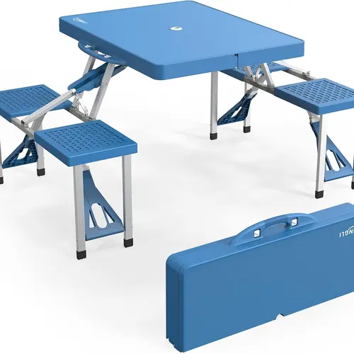 VINGLI 4 Ft Camping Picnic Table Set with 4 Seats with Umbrella Hole Folding Lightweight Suitcase Card Table-220 Lbs Support Aluminum Frame, Plastic RV Tabletop for Barbecue,Travel,Outing,Gathering