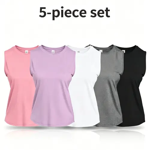 Women's 5-Piece Oversized Fit Sports Tank Top Set - Colorblock, Plain, Breathable, Comfortable, Workout Ready/Sporty Athletic Singlets, Mix Pack for Gym, Daily Summer Activities
