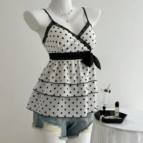 Elegant Women's Age-Reducing Lace Spliced Fitted Cropped Spaghetti Strap Camisole with Colorful Polka Dots, Sleeveless Design with Bow Tie for Charming Look