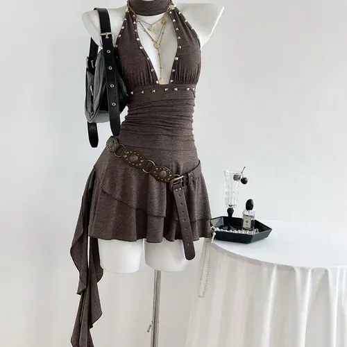 Women's Elegant Summer Halter V-Neck Ruffle Mini Dress, Sleeveless Backless Slim Fit, Perfect for Casual Wear, Chic Style, Womenswear, Dresses For Party