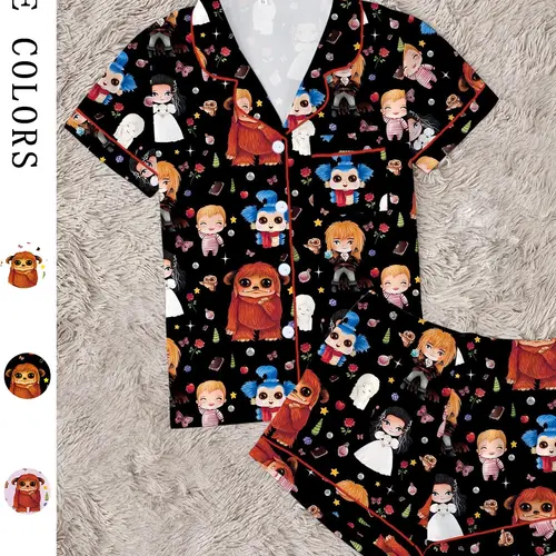 Women's Labyrinth Printed Pajamas Sleepwear Loungewear Set, Comfortable Two-Piece, Short Sleeve Button-Up Top and Elastic Shorts, Casual Home Wear, Pajama Lounge Sets