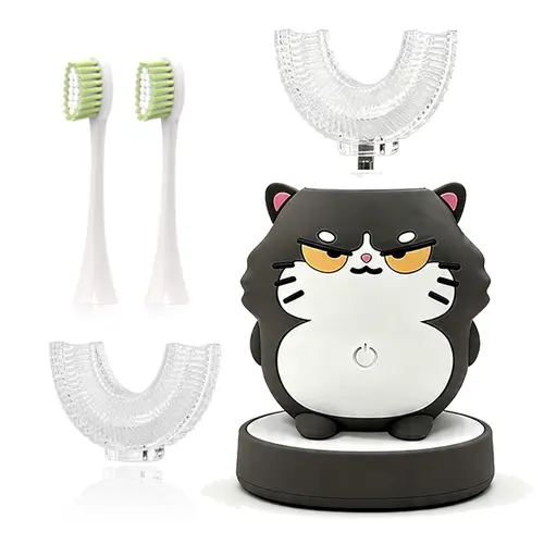 Kids U-Shaped Rechargeable Sonic Electric Toothbrush with 4 Soft Bristle Heads, Cute Animal Silicone Design, for Ages 3-8 Toddlers (Pink & Blue), Sensitive Gums Care, Teeth Cleaning, Builds Good Habits