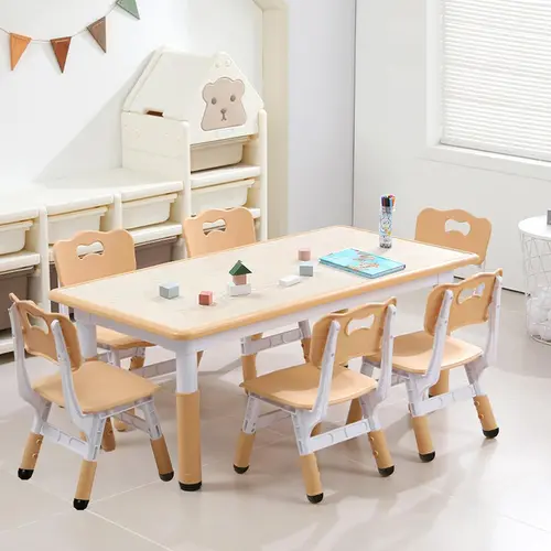 Kids Table and 6/4  Chairs Set, Height Adjustable Toddler Table and 6 Chair Set for Ages 2-10 for for Crafts and Study, Graffiti Desktop, Non-Slip Legs, Children Activity Table for Daycare, Classroom