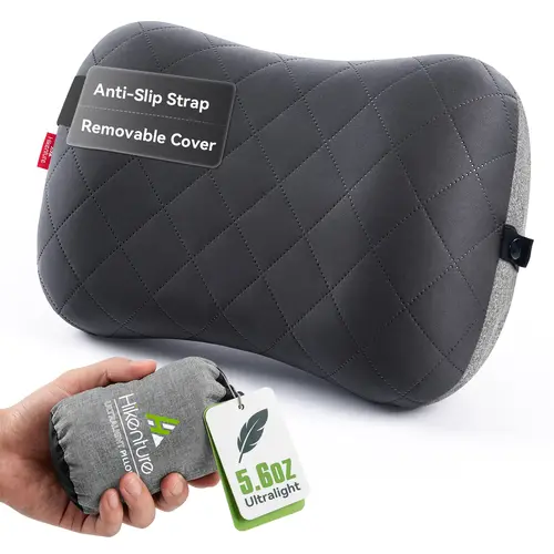 Hikenture Self Inflating Inflatable Camping Pillow with Removable & Washable Polyester Cover - Ultralight Compact Neck & Lumbar Support for Backpacking, Hiking Gear, Auto-Inflator Camping Pillows