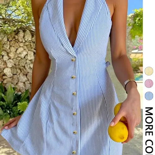 Women's Summer Striped Halter Sleeveless Short Dress, Deep V Neck, A-Line Silhouette, Vacation Party Casual Style, Elegant Chic, Button, 1 Piece