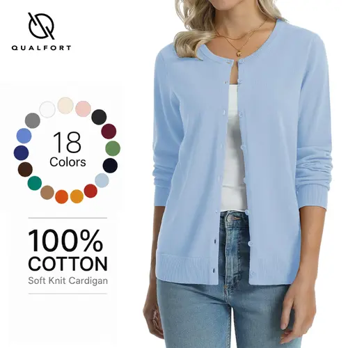 QUALFORT Women's 100% Cotton Lightweight Cardigan Sweater, Long Sleeve Crew Neck Button-Front Casual Top, Regular Fit Medium Stretch Solid Color Knit, Breathable All-Season Layer for Office, Travel & Everyday Outfits
