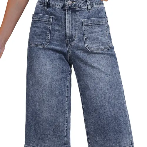 luvamia Capri Jeans for Women Wide Leg Trendy High Waisted Patch Pocket Loose Straight Casual Stretchy Denim Capri Pants,back to school shopping