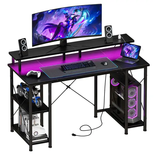 48-in Sturdy RGB Gaming Desk - Office Furniture with LED Lights, Power Outlets, Dual Monitor Riser, Storage Shelves, CPU Stand for Man Cave Multi-Monitor Setup Desks & Workstations