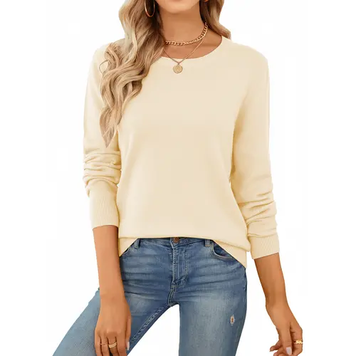 QUALFORT Women’s Longsleeves Knitting Sweater - Spring Round Neck Crewneck Pullover, Breathable Comfortable Soft Lightweight Casual Women's Knitwear Basic Top, Mother’s Day Gift for Mom, Long Sleeve Tops Women, Tops Women