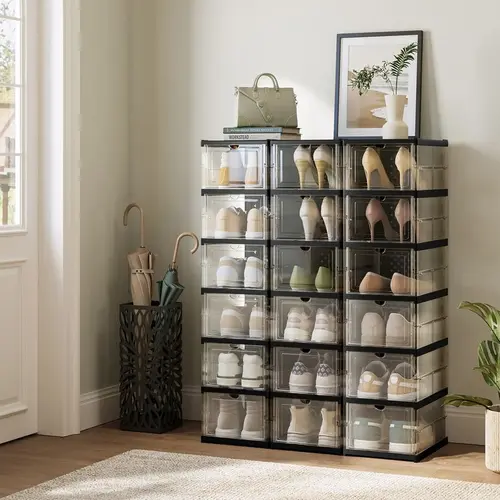 SONGMICS HOME Sturdy Collapsible Transparent PP Plastic Shoe Boxes - Closet Organizer, Stackable, Foldable, Portable Home Supplies for Compact Closet Organization, US Size 13 Shoe Storage