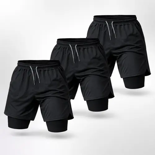 [Solid Color] 1/2/3 Pcs 1/2/3 Pack 80s 90s Double-Layer Sports Shorts Graphic Shorts Black Camo Streetwear Shorts Men Outfits Men Vacation Outfits Shorts