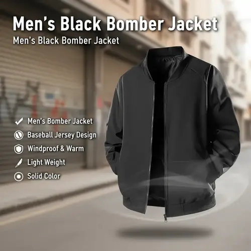 Men's Black Bomber Jacket - Baseball Jersey Design, Smooth Loose Fabric, Windproof, Warm, Lightweight Layer, Plain Aesthetic Outerwear for Casual Street Style, Jeans-Friendly, Ideal Gift Top, T-Shirt Pairing Compatible, Menswear