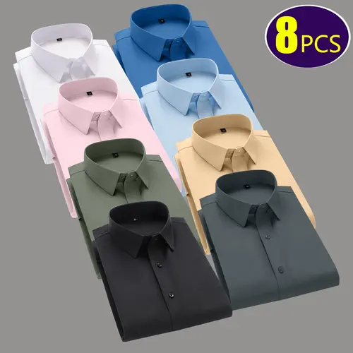 Menswear Men's 8-Pack Long-Sleeve Professional Dress Shirts, Plain, Non-Iron, with Diamond Buttons, Suitable for Banquet & Business Occasions