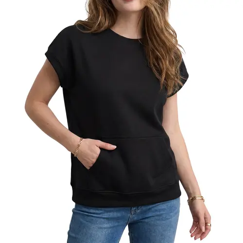 Shewin Women's Crew Neck Cap-Sleeve Basic Minimalist Sweatshirt - Kangaroo Pocket, Ribbed Hem Casual Pullover Shortsleeve Top for Daily Outings, Women's Clothes DealsForYouDays summerwins,summeroutfits,vacationoutfits,beachoutfits Round Neck Fitted Crewn