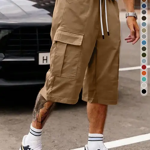 Men's casual and versatile seven-point tooling shorts, loose and comfortable, with multiple side pockets and drawstring adjustment waistband design, suitable for daily leisure, street trend wear, home relaxation, outdoor sports wear, suitable for summer w