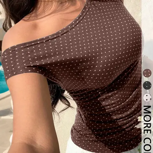Women's Summer Polka Dot Top, Asymmetrical One Shoulder Ruched Fitted Shirt, Casual Fashion Blouse for Daily Wear, Womenswear, Casual Chic, Casual Daily Tops